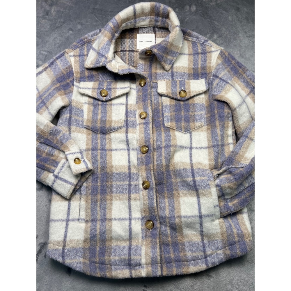 Avec Les Filles Plaid Shirt Jacket Purple Cream Tan Shacket Small Pockets Soft